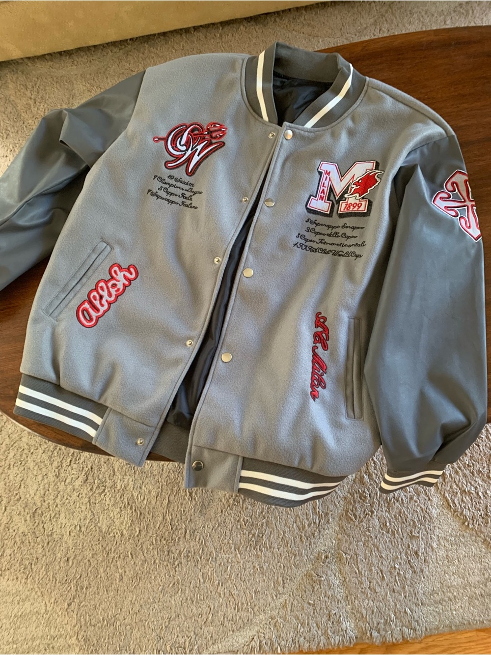 Off-White Gray Varsity Bomber Jacket with Red Embroidered Details